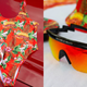 On left, Arby's Hawaiian print swimsuit and flip flops; on right, wraparound sunglasses